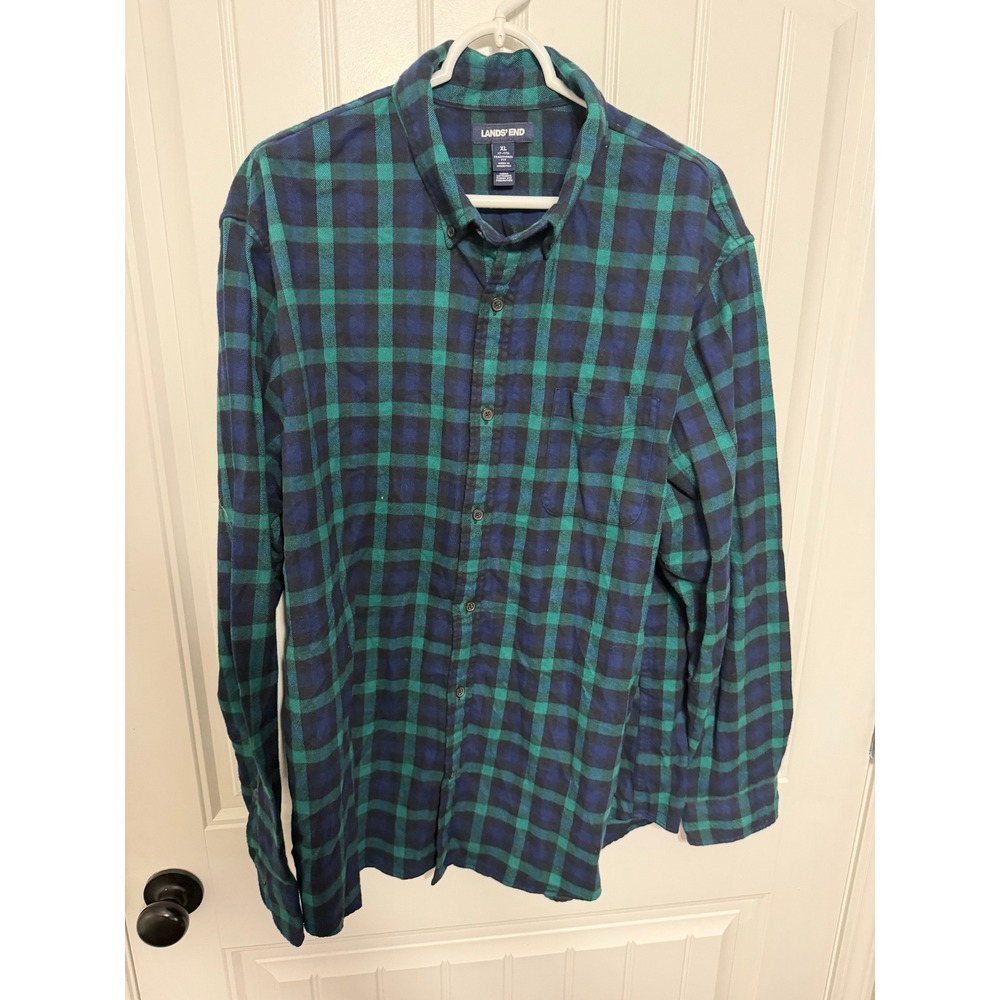 Lands' End Flannel Shirt Mens XL Blue Green Plaid Traditional Fit Button Down